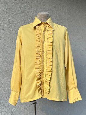 Vintage 70 Men's I Magnin Disco Yellow Gold Ruffled Tuxedo Shirt Size XLarge